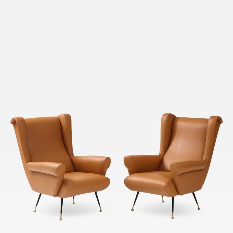 Pair of Italian 1950s Leather High Back Wing Lounge Chairs