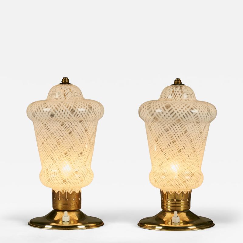 Pair of Italian 1950s brass and Murano Reticello table lights