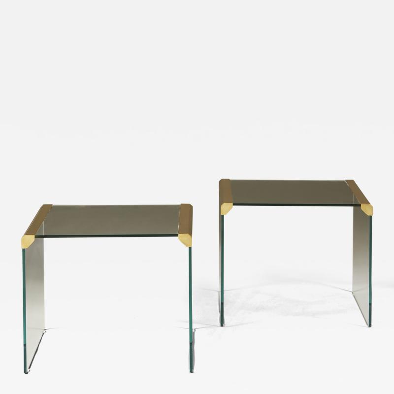 Pair of Italian 1950s heavy glass and brass side tables