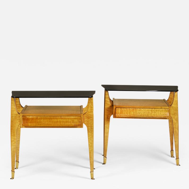 Pair of Italian 1960s fruitwood and black glass bedsides