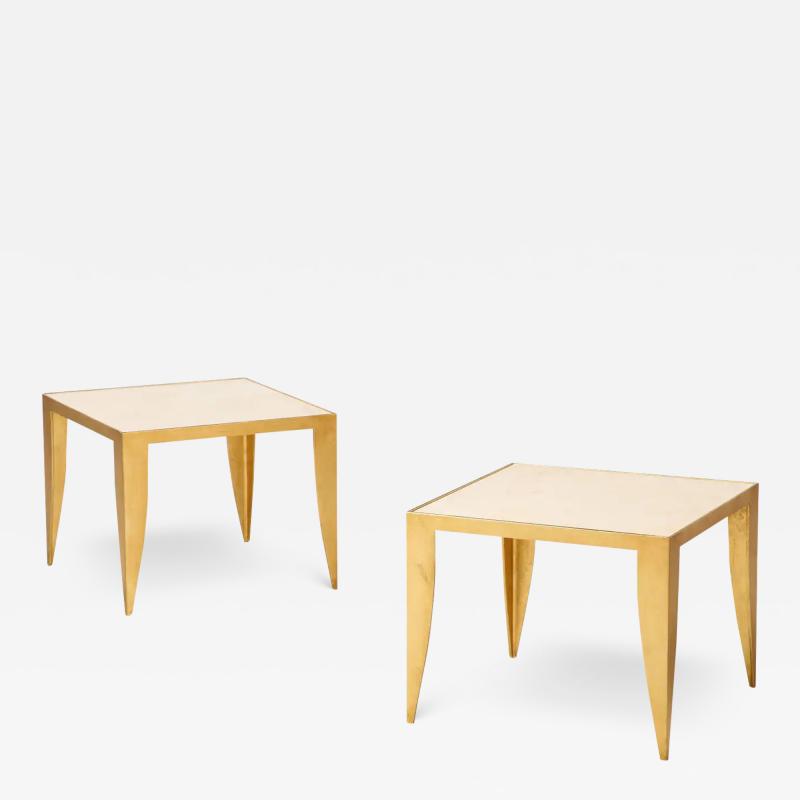 Pair of Italian 1970s Gilt Metal and Travertine Tables