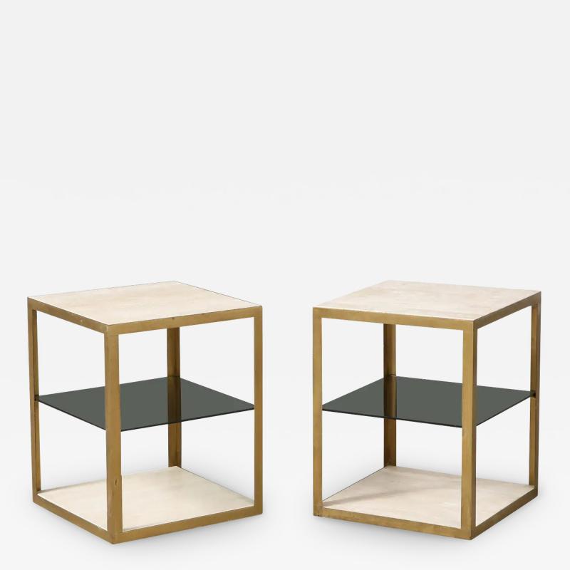 Pair of Italian 1970s Travertine and Smoked Glass Side Tables
