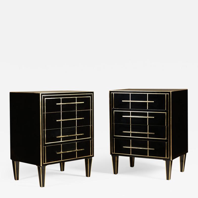 Pair of Italian 1970s black glass chest of drawers