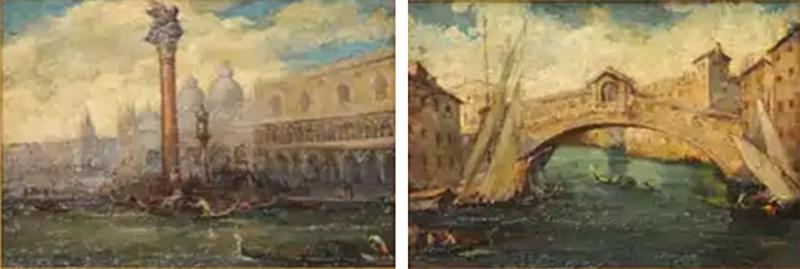 Pair of Italian 19th Century Paintings Depicting Venice in Black and Gold Frames