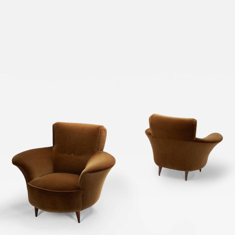 Pair of Italian Armchairs in Burnt Orange Upholstery Italy 1950s