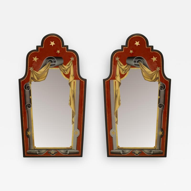 Pair of Italian Art Deco Style Red Gold and Grey Painted Eglomise Wall Mirrors