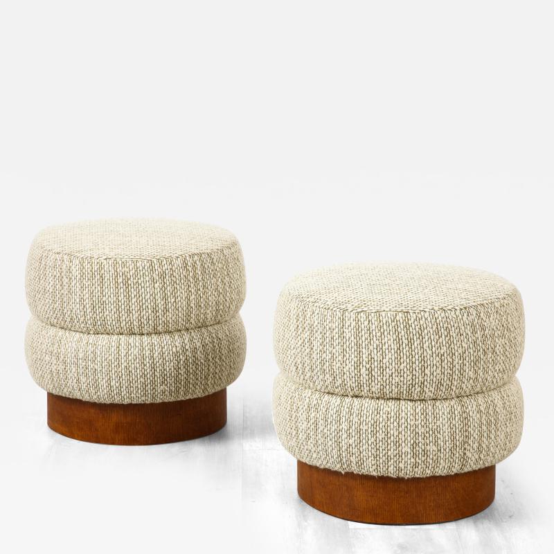 Pair of Italian Art Deco Upholstered Circular Wood Stools circa 1940