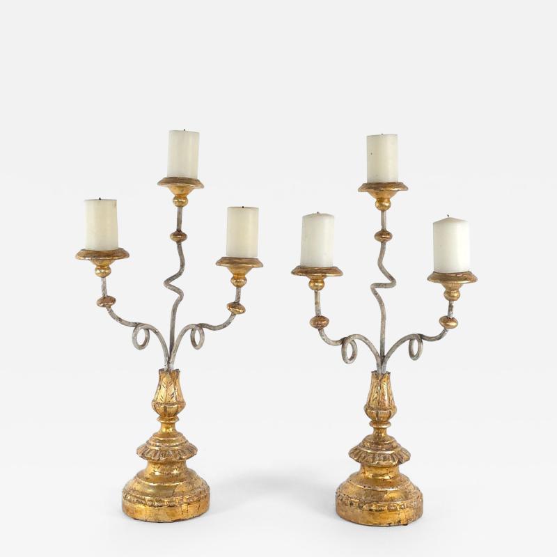 Pair of Italian Baroque Carved Painted and Gilt Candelabras Italy circa 1900