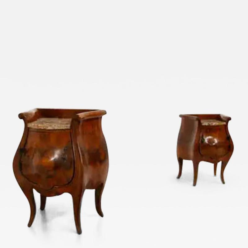 Pair of Italian Bedside Tables Curved in Briar and Marble