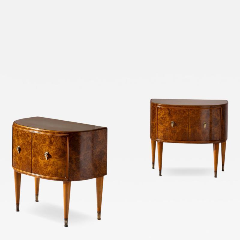 Pair of Italian Bedside Tables in Burl and Olive Glass 1950s