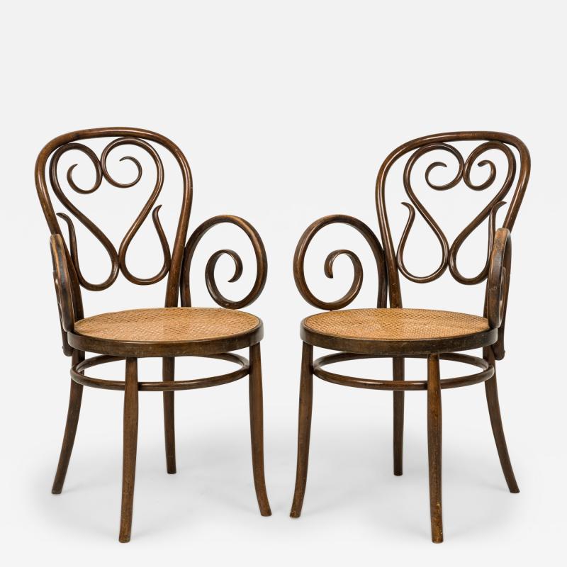Pair of Italian Bentwood and Caning Scroll Design Armchairs