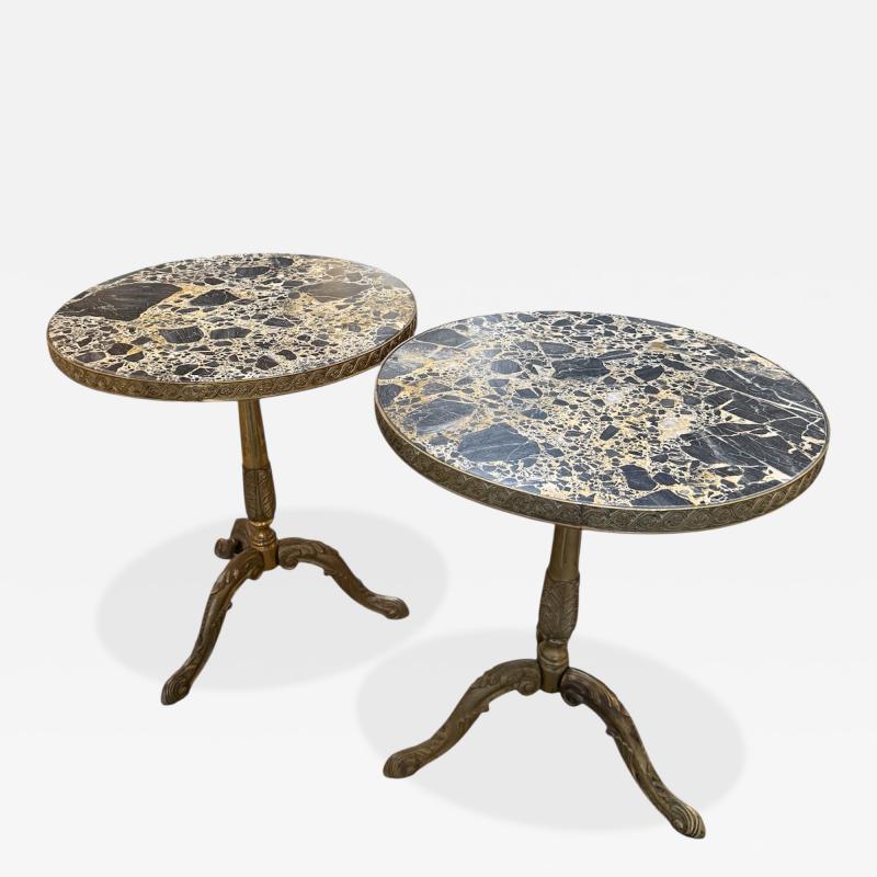 Pair of Italian Brass Pedestal Side Tables with Marble Tops 1970s