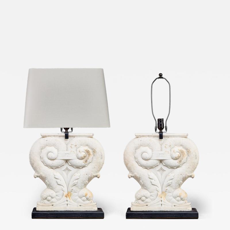 Pair of Italian Carved Marble Dolphin Lamps on Ebonized Bases