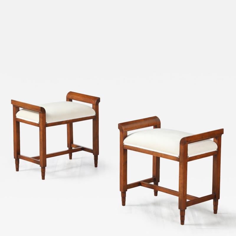 Pair of Italian Carved Walnut Art Deco Stools circa 1940