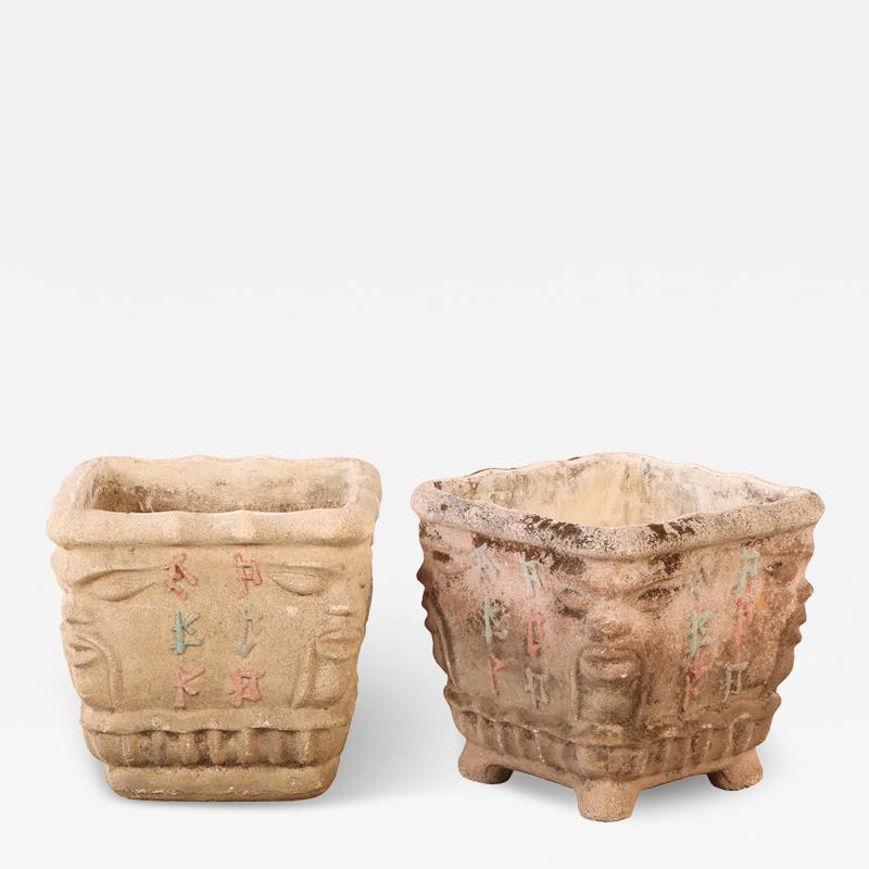 Pair of Italian Cast Stone Planters with Face Motifs