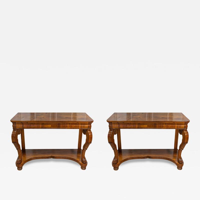 Pair of Italian Charles X 19th Century Walnut Consoles with Large Carved Volutes