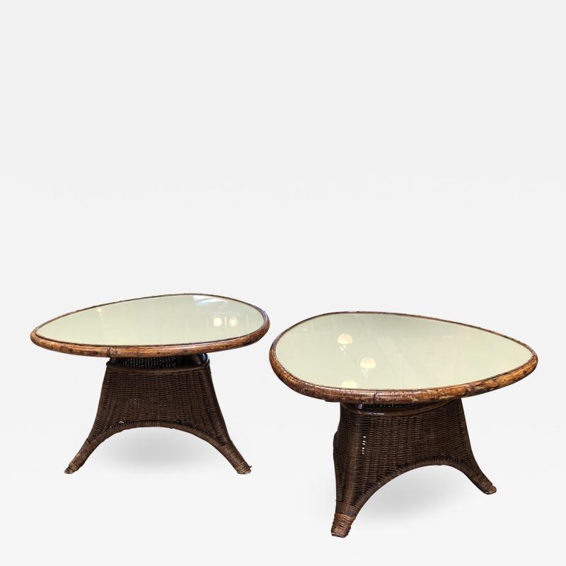 Pair of Italian Coffee Tables in Rattan and Glass 1960s