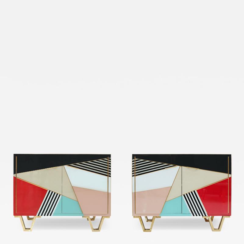 Pair of Italian Colored Glass Sideboards with Solid Wood Structure 1950s