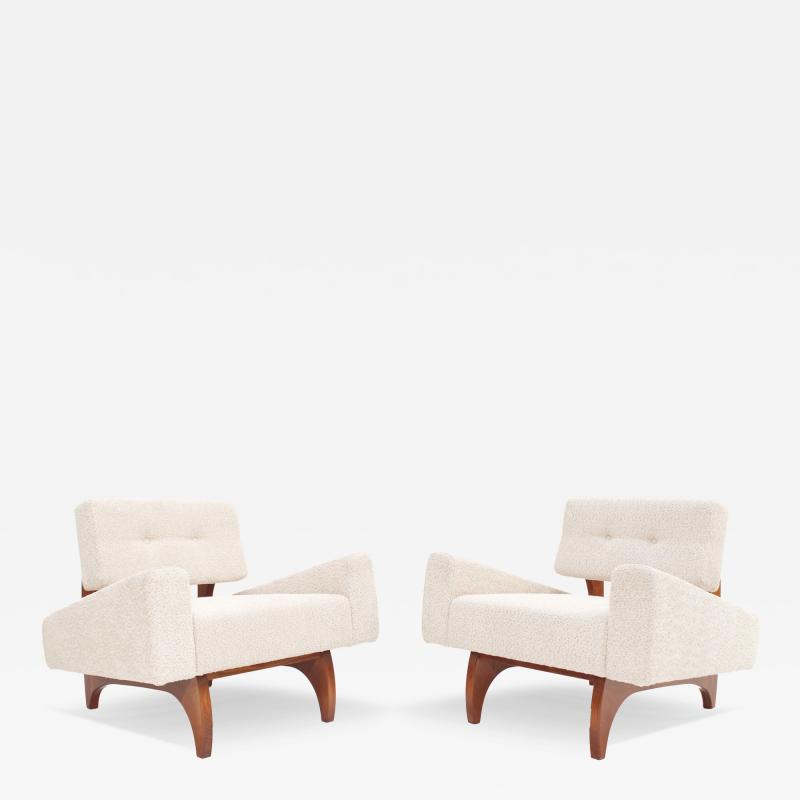 Pair of Italian Contemporary Walnut Armchairs with White Boucl Upholstery