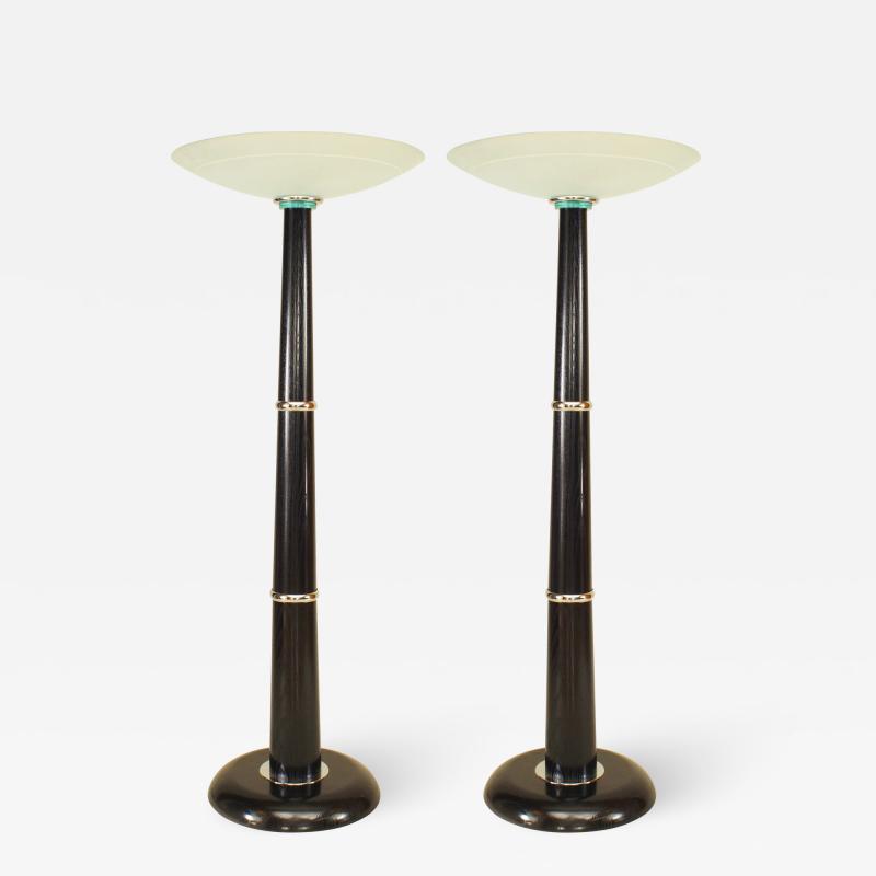 Pair of Italian Ebonized Wood and Chrome Floor Lamps