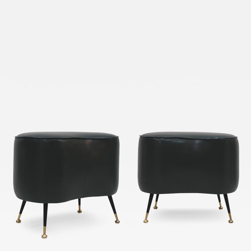 Pair of Italian Footstools in Solid Wood and Green Faux Leather Italy 1960s