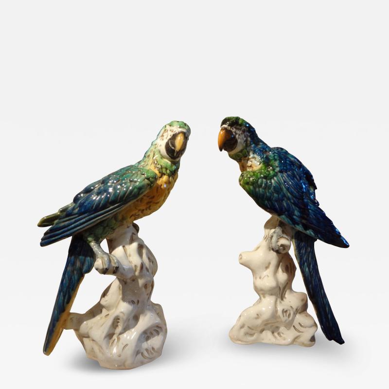 Pair of Italian Glazed Terracotta Parrot Statues