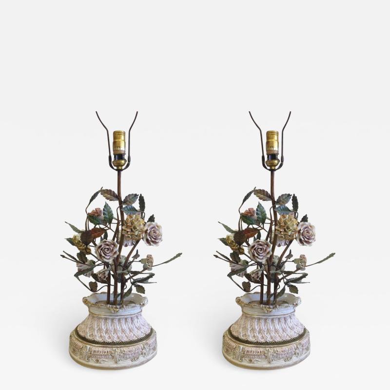 Pair of Italian Hand Made Floral Table Lamps by Capodimonte Italy 1950