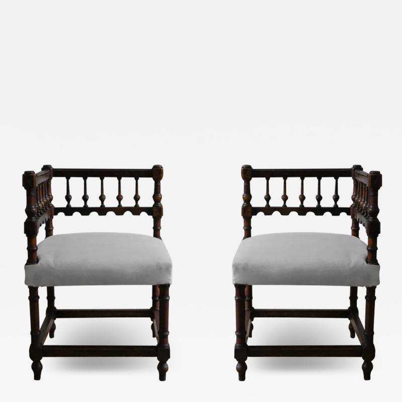Pair of Italian Hand carved Walnut Chairs 19th Century