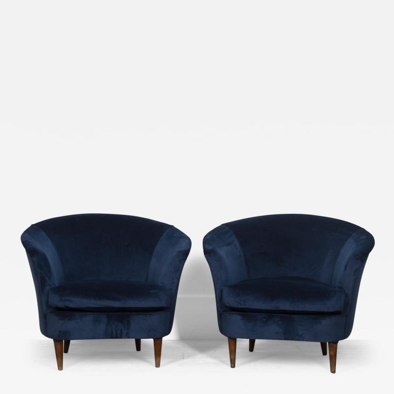 Pair of Italian Lounge Chairs in Blue Velvet