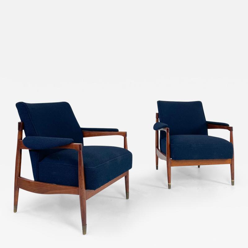 Pair of Italian Mid Century Armchairs in Navy Boucle