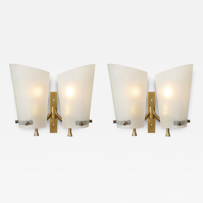 Pair of Italian Mid Century Double Shaded Textured Glass Brass Wall Sconces