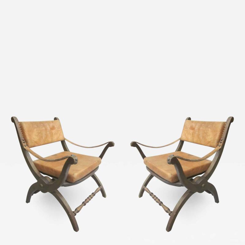 Pair of Italian Mid Century Modern Neoclassical Leather Armchairs Lounge Chairs
