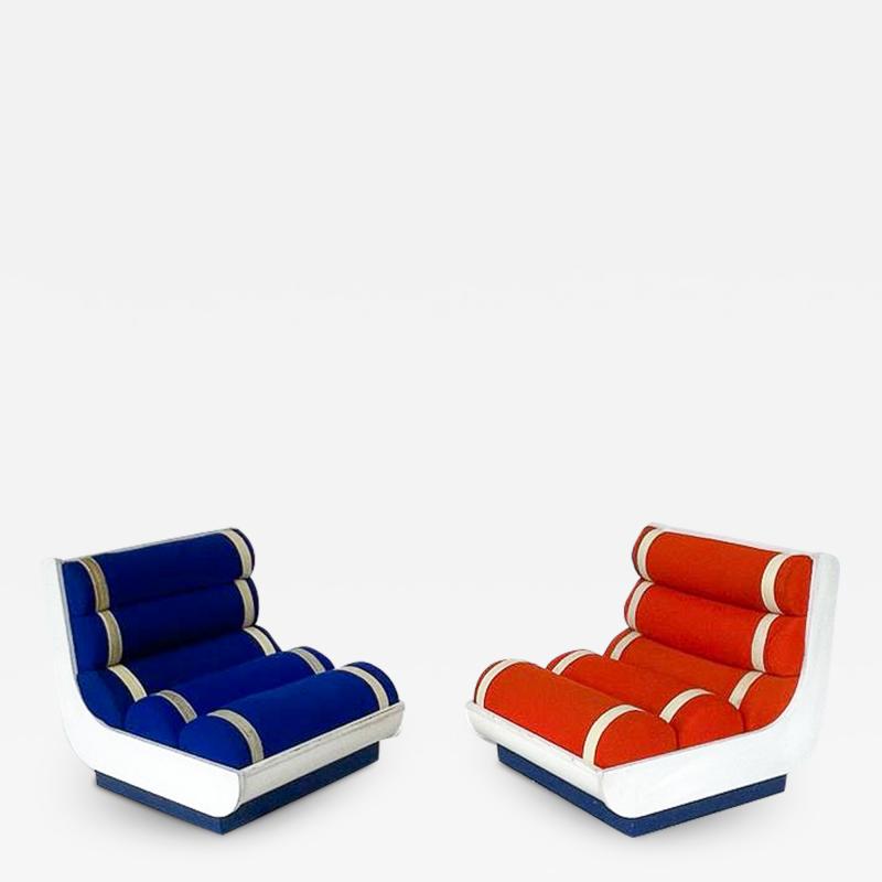 Pair of Italian Mid Century Modern Red Blue Armchairs