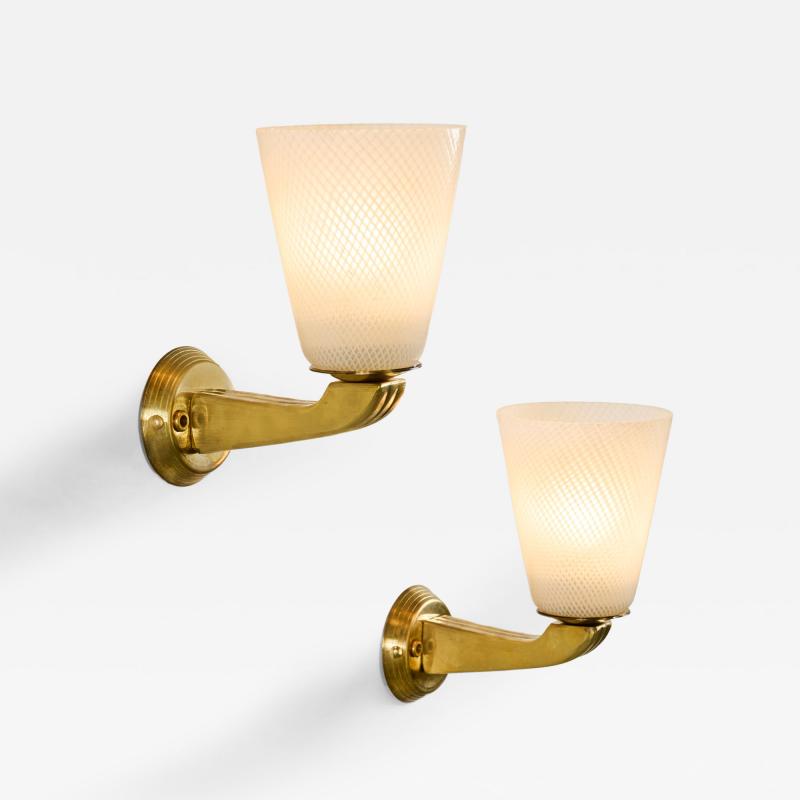 Pair of Italian Mid Century Murano Reticello Cone Glass and Brass Wall Lights