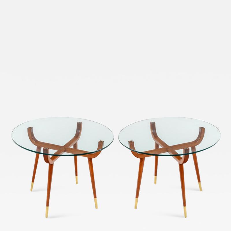 Pair of Italian Mid Century Style Glass Top Mahogany Side Tables