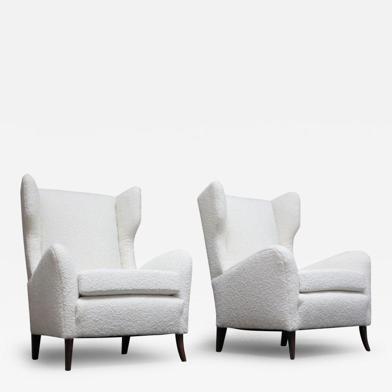 Pair of Italian Modern Tall Wingback Arm Chairs in Boucl and Walnut