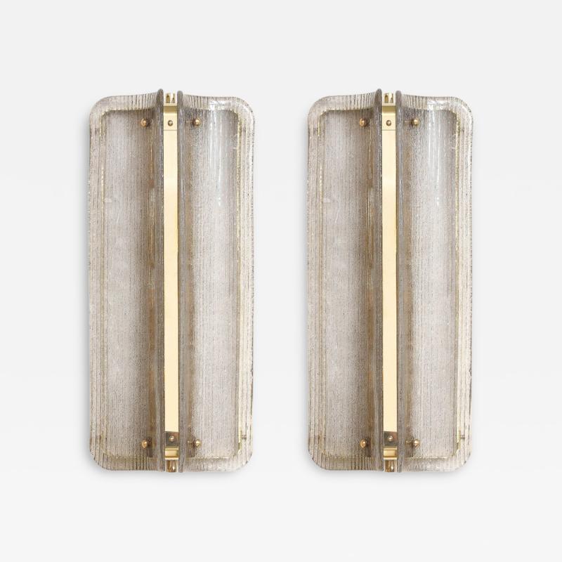 Pair of Italian Murano Glass and Brass Vertical Sconces with Clear Ribbed Glass
