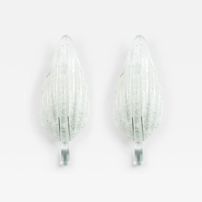 Pair of Italian Murano Silver Dusted Glass Leaf Wall Sconces