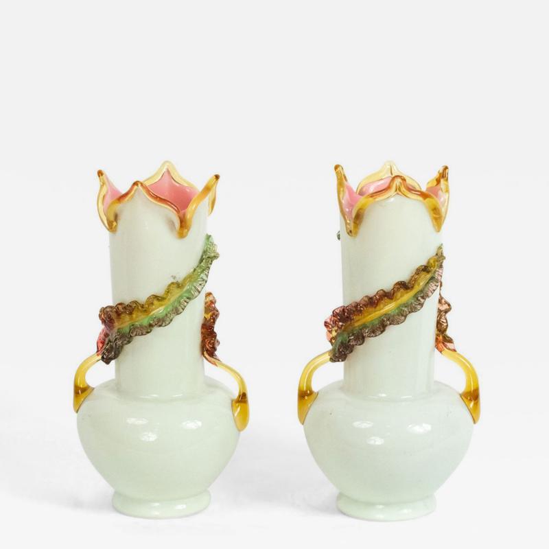 Pair of Italian Murano White and Pink Glass Vases