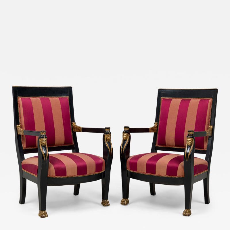 Pair of Italian Neo Classic Ebonized and Parcel Gilt Red Upholstered Armchairs