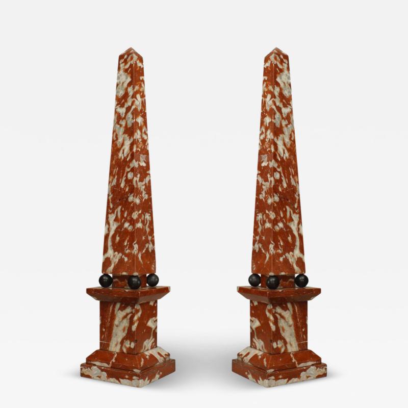 Pair of Italian Neo Classic Rouge and Marble Obelisks