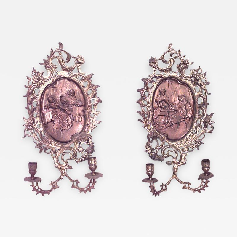 Pair of Italian Neoclassic Style Bronze Dore Filigree Wall Sconces
