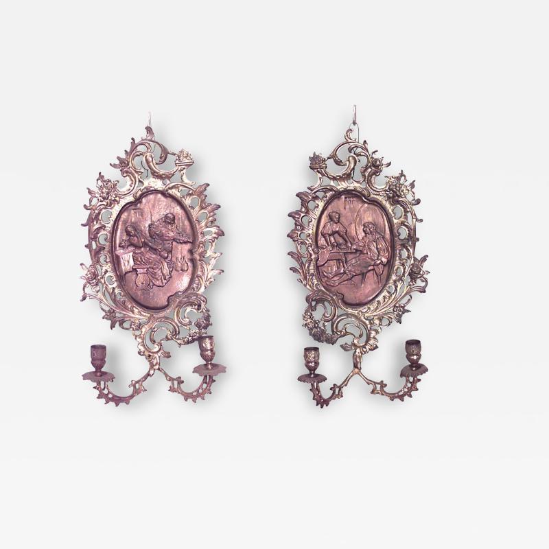 Pair of Italian Neoclassic Style Bronze Dore Filigree Wall Sconces
