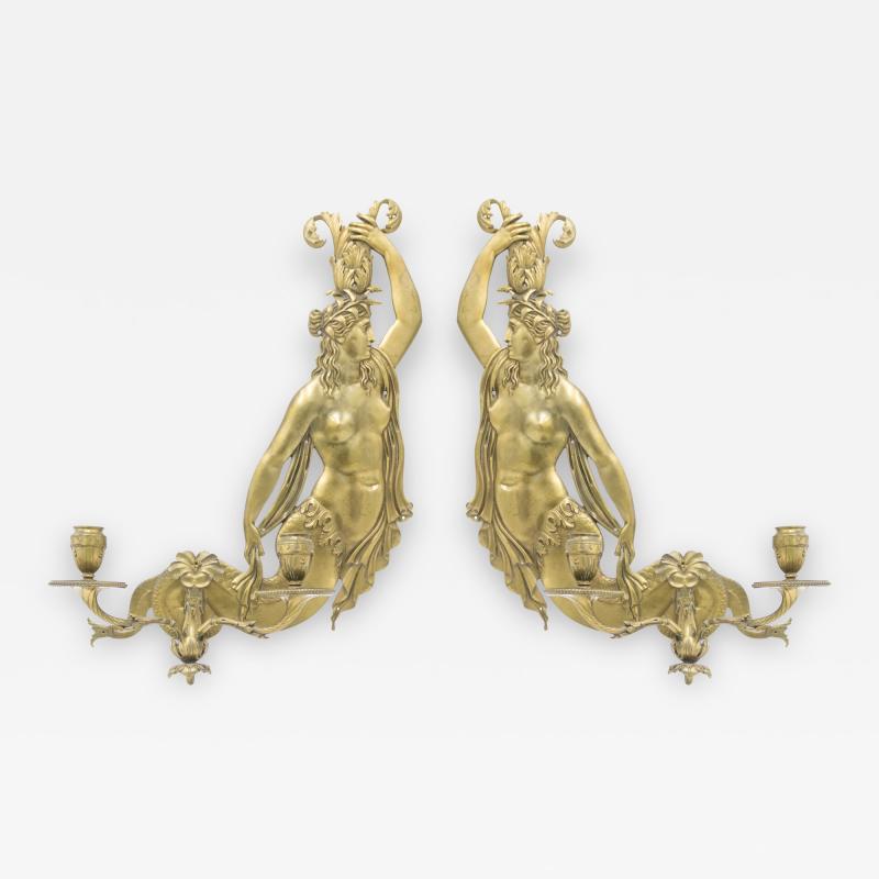 Pair of Italian Neoclassic Style Bronze Mermaid Wall Sconces