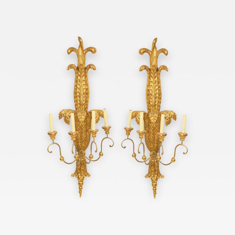Pair of Italian Neoclassic Style Carved Palm Giltwood Wall Sconces