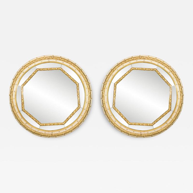 Pair of Italian Neoclassic Style Round White Painted and Gilt Wall Mirrors