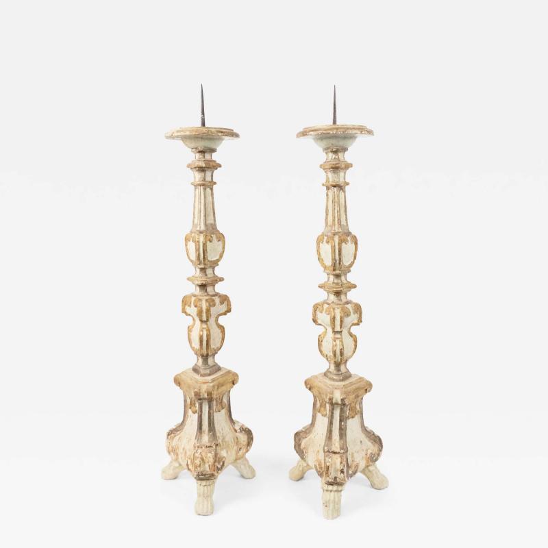 Pair of Italian Neoclassic White and Gilt Candlesticks