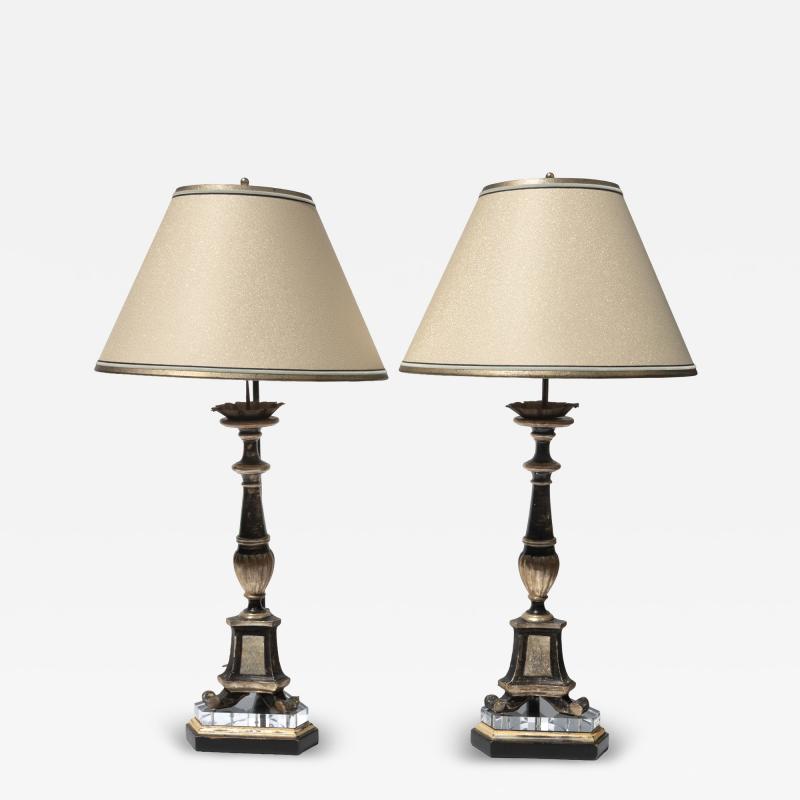 Pair of Italian Neoclassical Black and Silver Gilt Candlestick Lamps Circa 1820