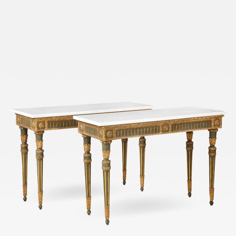 Pair of Italian Neoclassical Carved Painted and Gilded Console Tables