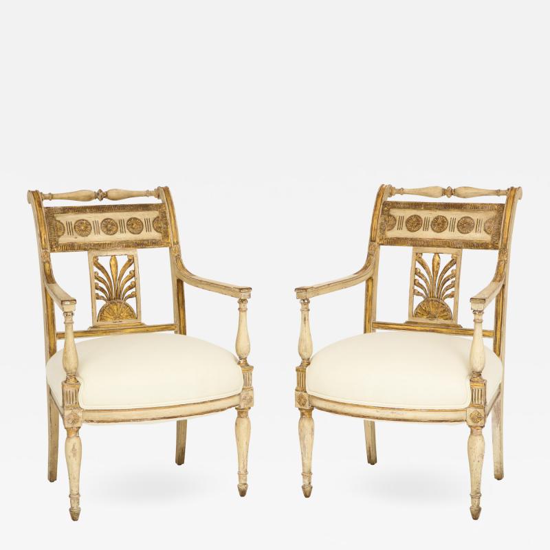Pair of Italian Neoclassical Painted and Gilded Arm Chairs